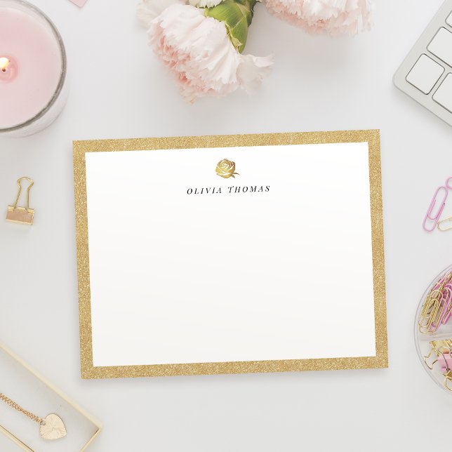 Elegant faux gold rose personalised Stationery Card (Elegant faux gold rose personalized Stationery Note Card)