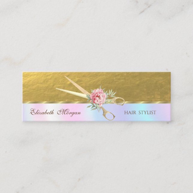 Elegant Faux Gold Scissors, Rose,Holographic Mini Business Card (Front)