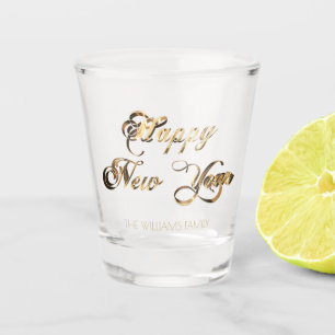 Elegant Faux Gold Script Happy New Year Shot Glass