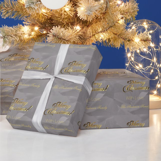 Elegant Faux Gold Script Merry Christmas Grey Wrapping Paper (Holidays)