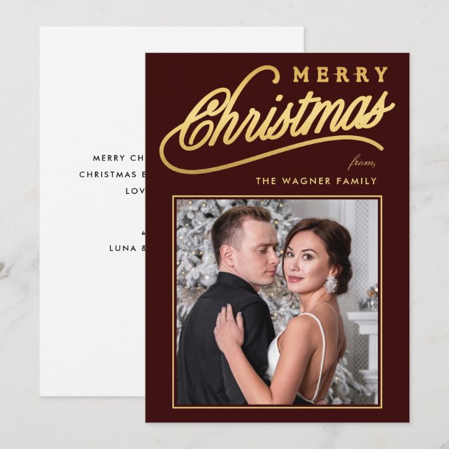 Elegant Faux Gold Script Merry Christmas Photo Holiday Card (Front/Back)