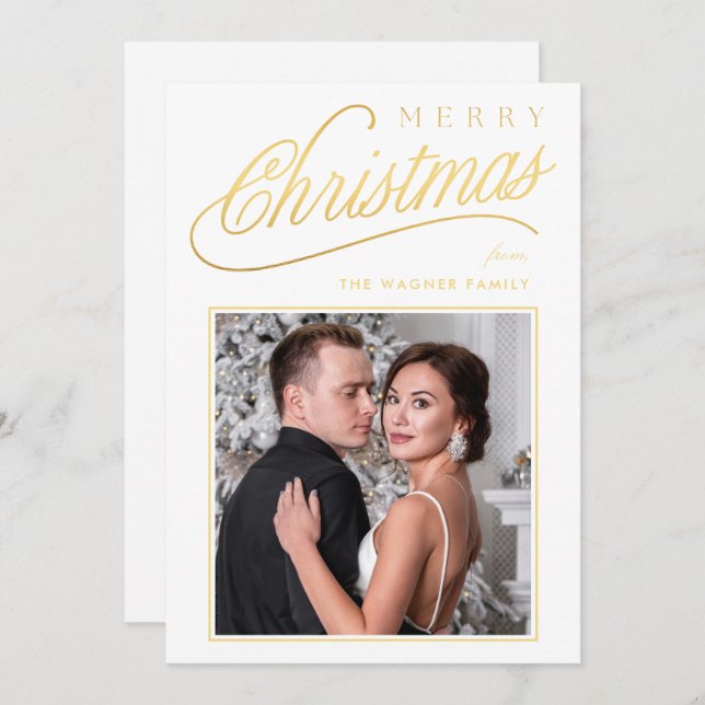 Elegant Faux Gold Script Merry Christmas Photo Holiday Card (Front/Back)