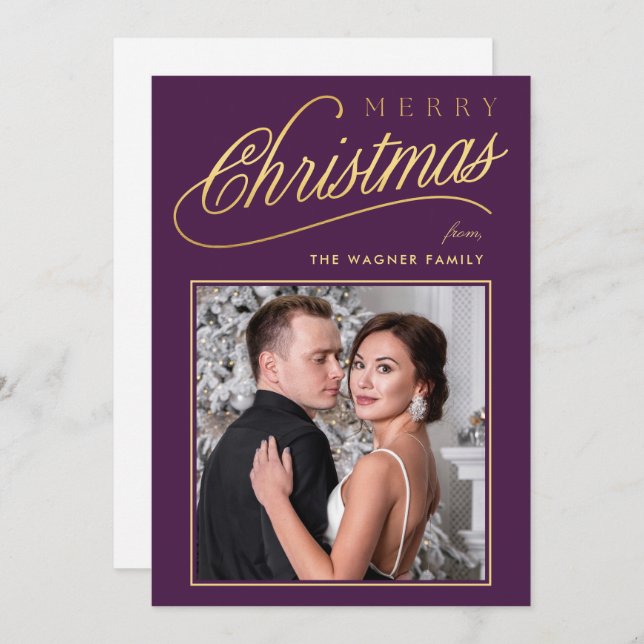 Elegant Faux Gold Script Merry Christmas Photo Holiday Card (Front/Back)