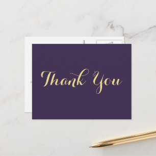 Elegant Faux Gold Script Purple Wedding Thank You Postcard