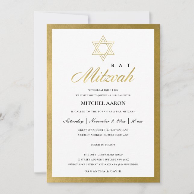 ELEGANT FAUX GOLD SIMPLE BAT BAR MITZVAH INVITE (Front)