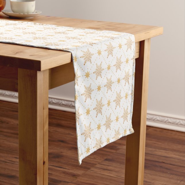 Elegant Faux Gold Snowflakes Christmas Patttern Short Table Runner (In Situ)