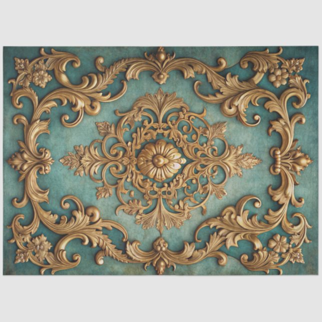 Elegant Faux Gold Teal Decoupage  Tissue Paper (Front)