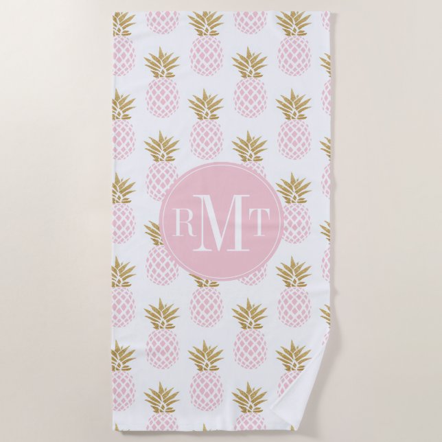 Elegant faux gold tropical pineapple pattern beach towel (Front)
