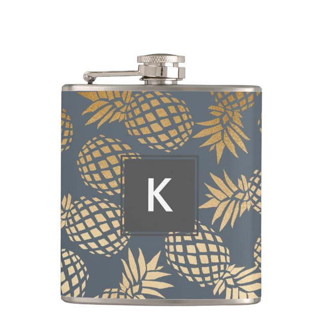 elegant faux gold tropical pineapple pattern hip flask (Front)
