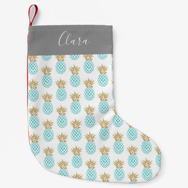 Elegant faux gold tropical pineapple pattern small christmas stocking (Front)
