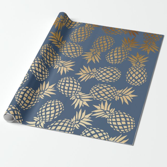 elegant faux gold tropical pineapple pattern wrapping paper (Unrolled)