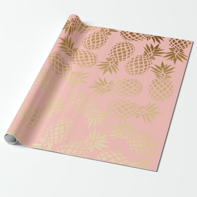 elegant faux gold tropical pineapple pattern wrapping paper (Unrolled)