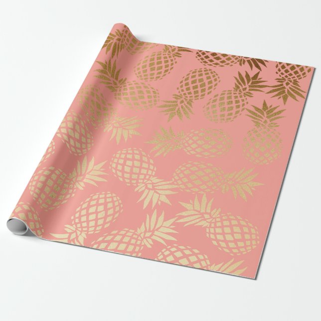 elegant faux gold tropical pineapple pattern wrapping paper (Unrolled)