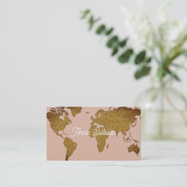Elegant Faux Gold World Map Dusty Rose Business Card (Standing Front)
