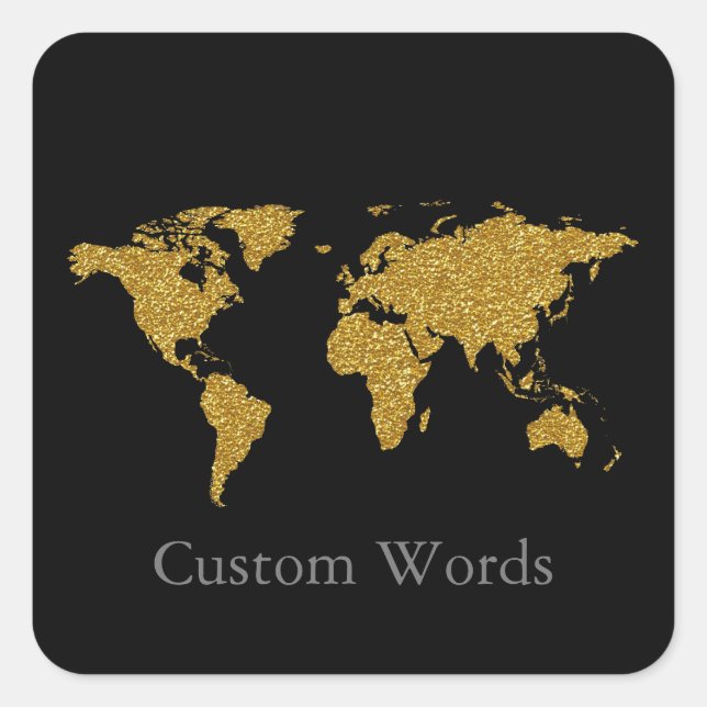 elegant faux gold world map on black  square stick sticker (Front)