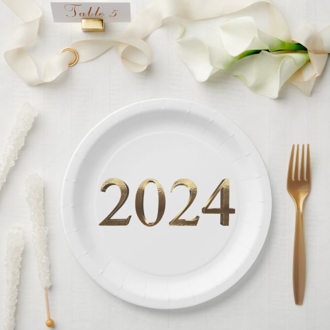 Elegant Faux Golden Numbers Happy New Year 2024 Paper Plate (Wedding)