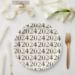 Elegant Faux Golden Numbers Happy New Year 2024 Paper Plate