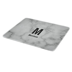 Elegant Faux Grey Marble with Name & Monogram Cutting Board