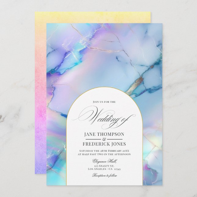 Elegant Faux Holographic Marble Wedding Invitation (Front/Back)