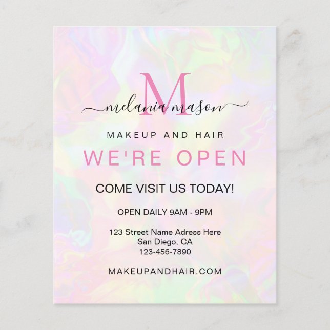 Elegant Faux Holographic We're Open Iridescent Flyer (Front)