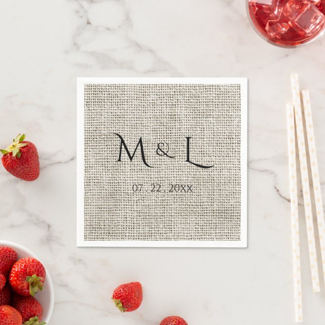 Elegant Faux Linen Black Monogram Date Wedding  Napkin (Insitu)