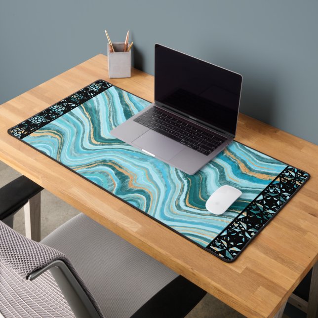 Elegant Faux Marble Black Ornate Trim Desk Mat (Office 2)