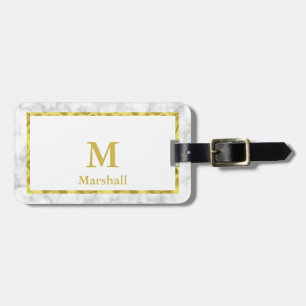 Elegant Faux Marble Border Gold Name with Monogram Luggage Tag