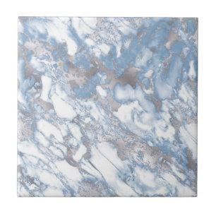 Elegant Faux Marble White Dusty Blue Silver Ceramic Tile