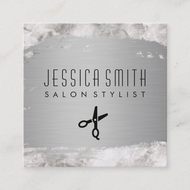 Elegant Faux Metallic Silver Brushed Marble Square Business Card (Front)