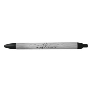 Elegant Faux Metallic Silver Grey Script Monogram  Black Ink Pen
