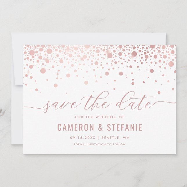 Elegant Faux Pink Foil Confetti Modern White Save The Date (Front)