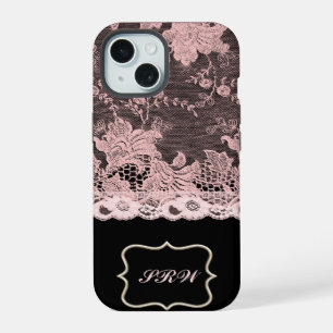Elegant Faux Pink Lace and Black iPhone 15 Case