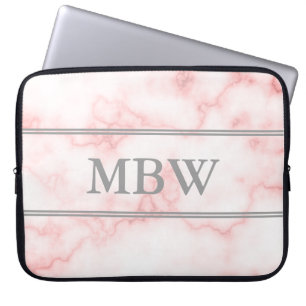Elegant Faux Pink Marble Grey Monogram Laptop Sleeve