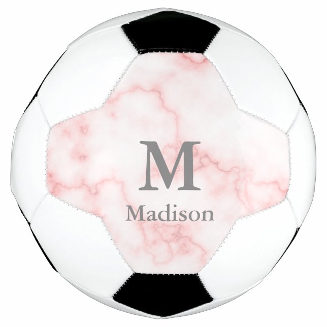 Elegant Faux Pink Marble Grey Monogram & Name Soccer Ball (Front)
