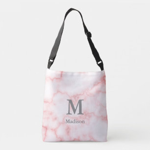 Elegant Faux Pink Marble Grey Name & Monogram Crossbody Bag