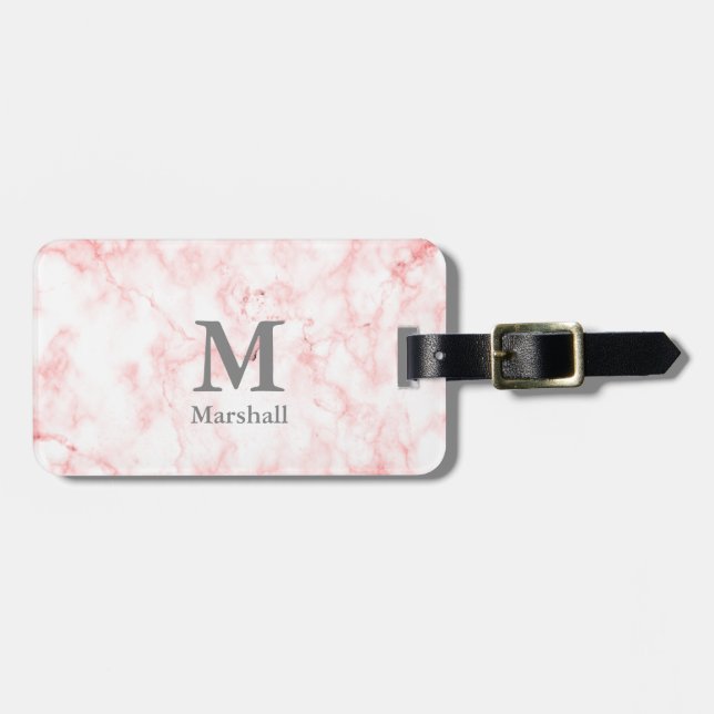Elegant Faux Pink Marble Name and Monogram Luggage Tag (Front Horizontal)