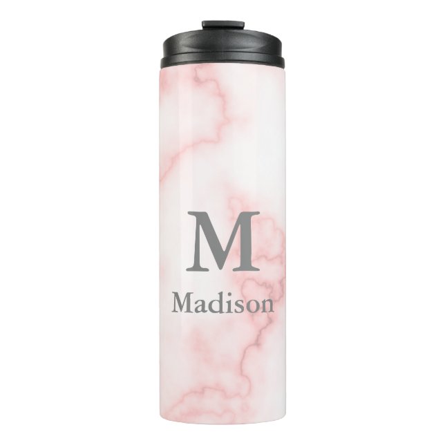 Elegant Faux Pink Marble with Name & Monogram Thermal Tumbler (Front)