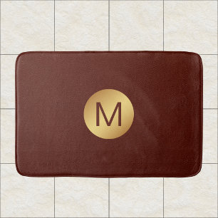 Elegant Faux Red Leather & Gold Monogram Initial  Bath Mat