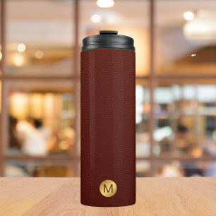 Elegant Faux Red Leather & Gold Monogram Initial  Thermal Tumbler