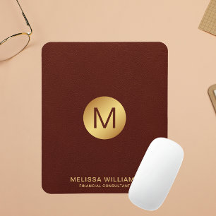 Elegant Faux Red Leather & Gold Monogram Name Mouse Pad
