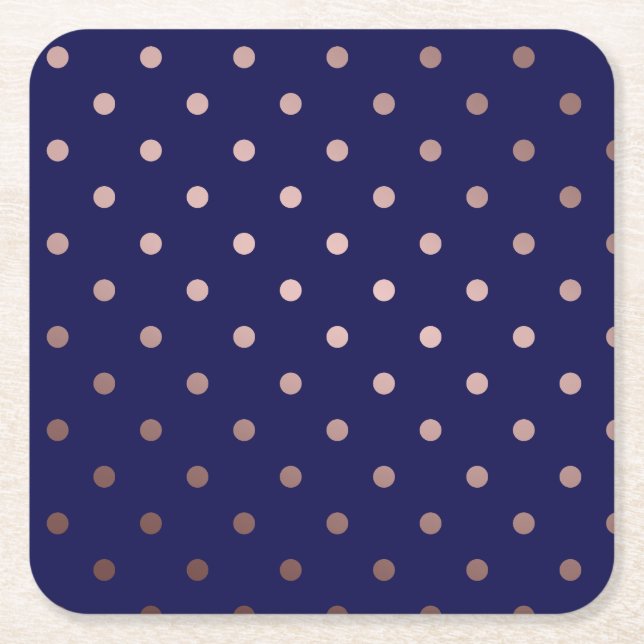 elegant faux rose gold blue polka dots square paper coaster (Front)