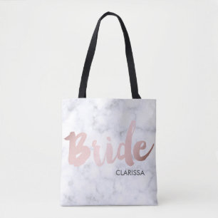 elegant faux rose gold "bride" white marble tote bag