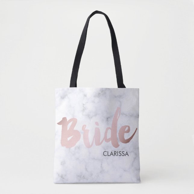 elegant faux rose gold "bride" white marble tote bag (Front)