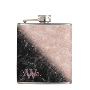 Elegant faux rose gold confetti black marble image hip flask
