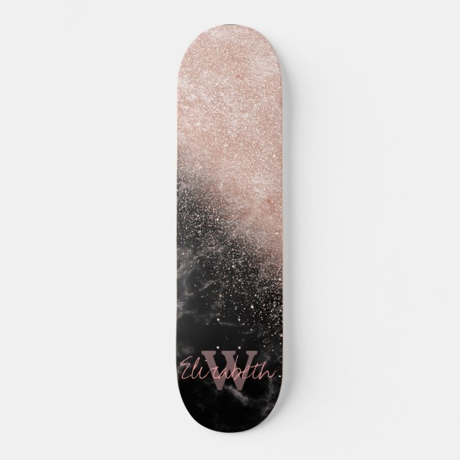 Elegant faux rose gold confetti black marble image skateboard (Front)