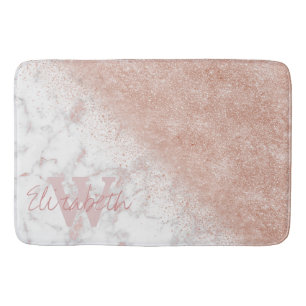 Elegant faux rose gold confetti white marble image bath mat