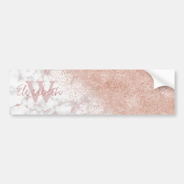 Elegant faux rose gold confetti white marble image bumper sticker (Front)