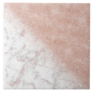 Elegant faux rose gold confetti white marble image ceramic tile