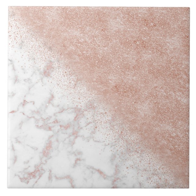 Elegant faux rose gold confetti white marble image ceramic tile (Front)
