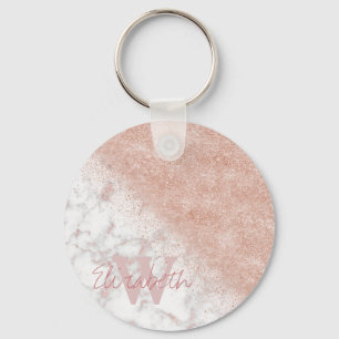 Elegant faux rose gold confetti white marble image key ring